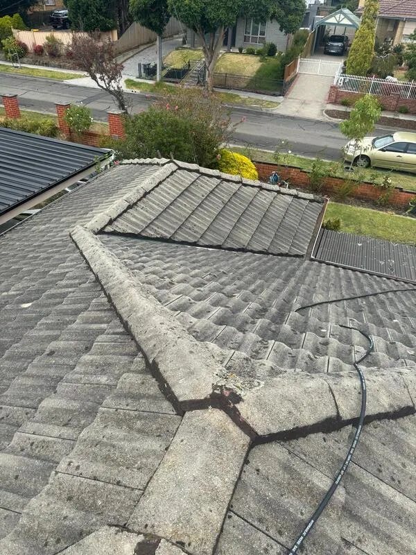 Weathered tile roof with cracked ridge pointing before restoration